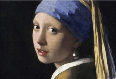 A close-up oil painting of a young woman with fair skin, wearing a blue and yellow turban and a large pearl earring. She gazes over her shoulder toward the viewer with wide eyes and slightly parted lips. The dark background contrasts with the soft light illuminating her face, enhancing her delicate features