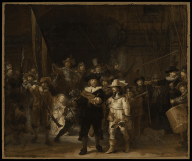 A large-scale oil painting depicting a group of armed militiamen, led by Captain Frans Banning Cocq dressed in black with a red sash. The soldiers are captured in motion, some holding weapons while others engage in conversation. A young girl in a golden dress stands out among the darkly clad figures. Strong contrasts of light and shadow create depth and movement in the scene.