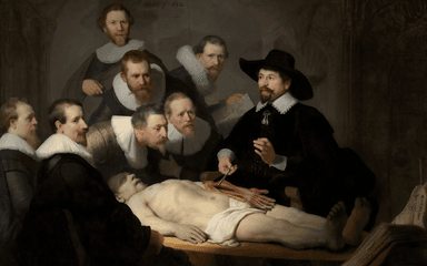 A Baroque oil painting showing a group of men in 17th-century attire gathered around a dissecting table. Dr. Nicolaes Tulp, dressed in black with a white collar, demonstrates the anatomy of a corpse’s arm while the observers lean in with focused expressions. A large open book rests nearby, and dramatic lighting highlights the figures and the pale body against a dark background.