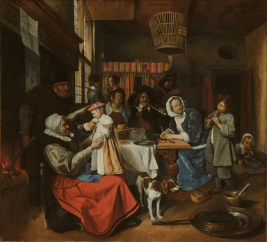 A lively oil painting showing a multi-generational Dutch family gathered around a table, engaged in music, drinking, and laughter. An elderly man sings while a child mimics him on a small pipe. Scattered objects like an overturned glass and a peeled lemon suggest indulgence. Expressive faces and vibrant colors add energy to the scene, conveying a moral lesson about how children imitate their elders.
