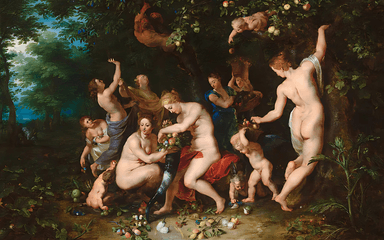 A Baroque oil painting featuring mythological nymphs with flowing hair and soft, glowing skin, elegantly filling a large cornucopia with an abundance of fruits and flowers. The figures are surrounded by lush greenery, with a detailed landscape in the background. Warm, rich colors and dramatic lighting enhance the sense of opulence and natural beauty.